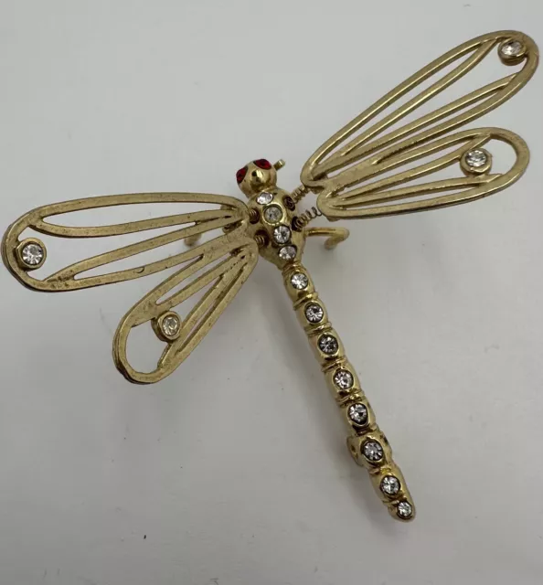 Vintage Gold Plate Rhinestone Dragonfly Trembler Brooch