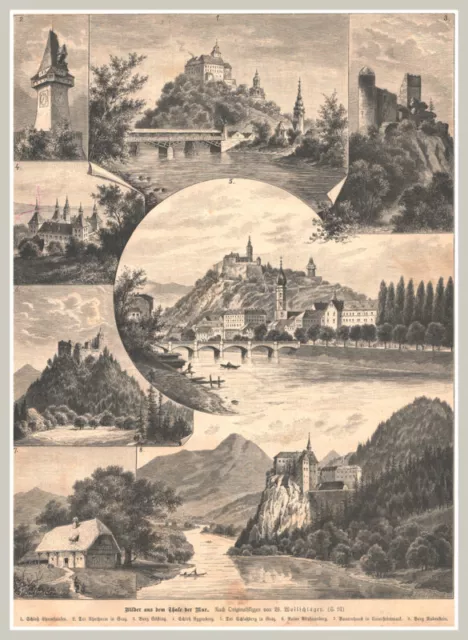 Bilder a.d.Tal d.Mur.Blatt mit 8 Ansichten.Schloßberg Graz. Orig.Holzstich 1893