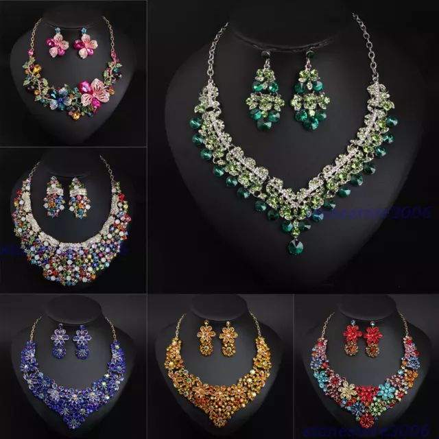 Crystal Necklace Earrings Jewelry Set Women Bridal Wedding Party Statement Gifts