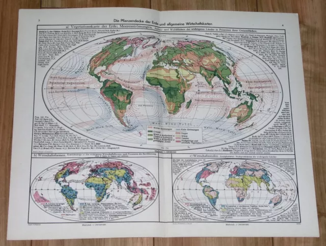 1943 Original Vintage Wwii Map Of The World Vegetation / Industry Commerce