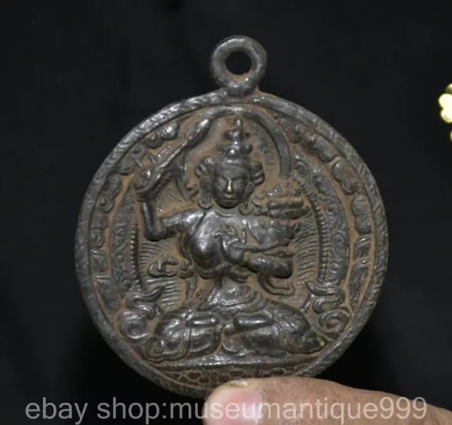 3.2" Old Tibet Pure Bronze Buddhism Wenshu Manjushri Wisdom Sword Amulet Pendant