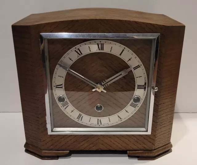 Antique c1930's English Oak Cased Westminster Chiming Mantel Clock with Silence