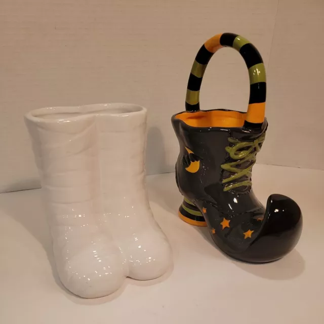 Planter Set Glazed Ceramic Witches Boot Basket & white Mummy feet Halloween EUC