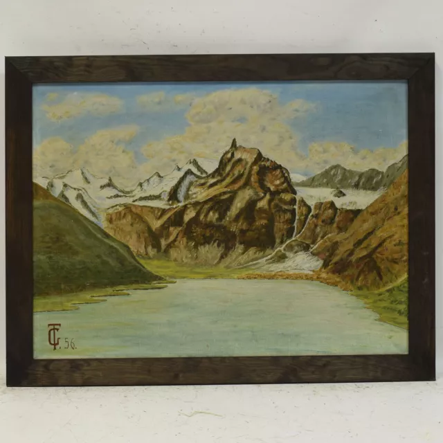 1956 Peinture ancienne à l'huile sur toile paysage de montagne 74x57 cm