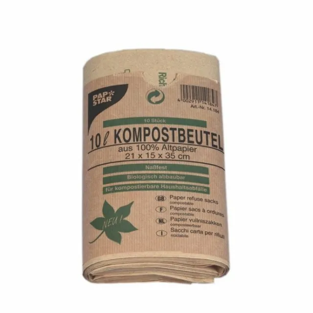 Papstar Bio-Kompostbeutel aus Papier 10 Liter 35 cm x 21 cm x 15 cm braun