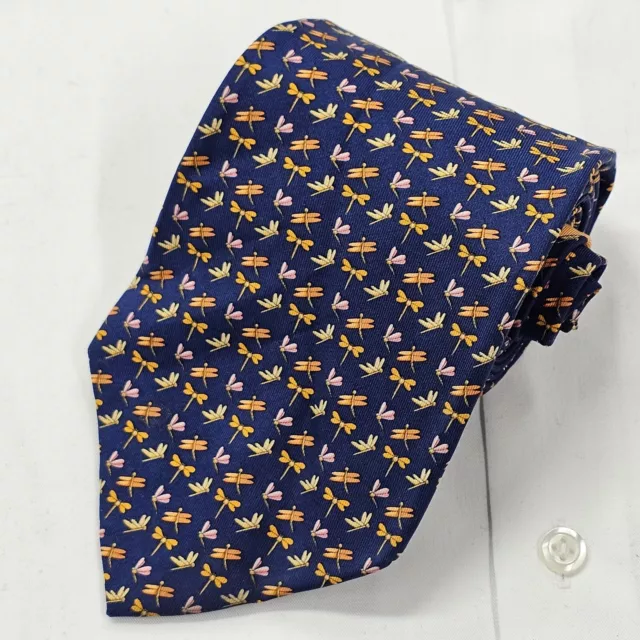 Salvatore Ferragamo Dark Blue Silk Tie w Orange&Pink Dragonflies 59x3.675” NWOT