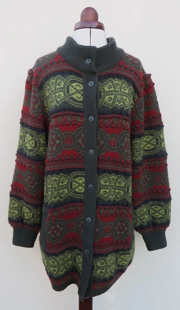Cardigan longline irlandese vintage anni '80 ""Oskar Haug"" misto lana Fairisle, taglia L