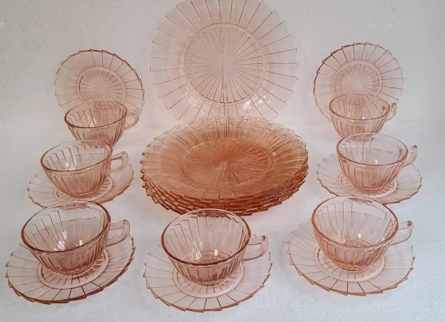 Set For 7 Dinner Plates, Cups & Saucers Jeannette Sierra Pink Depression Glass