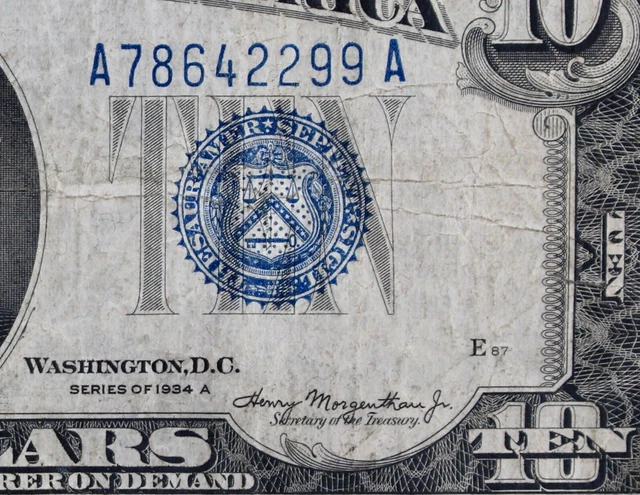 RARE FRONT PLATE 87 $10 1934A blue seal Silver Certificate A78642299A series A