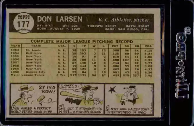 Carte de baseball dédicacée Don Larsen 1961 Topps #177 Kansas City Athletics 2