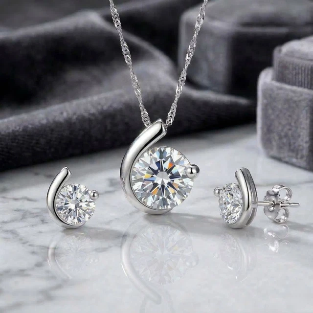 Parure Bijoux Femme Argent 925 - Collier Et Boucles Gouttes, Cristal Autrichien Blanc