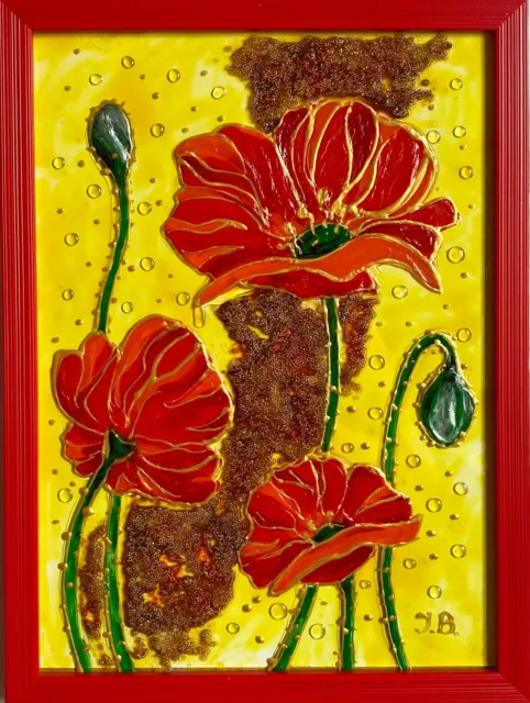 Floral Stained glass panel Red Poppies flower painting ORIGINAL HANDMADE