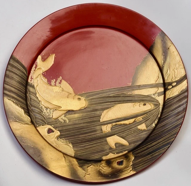 Mid-20th Century, Showa, Large Japanese Wooden Tray with Carp Fish Design
