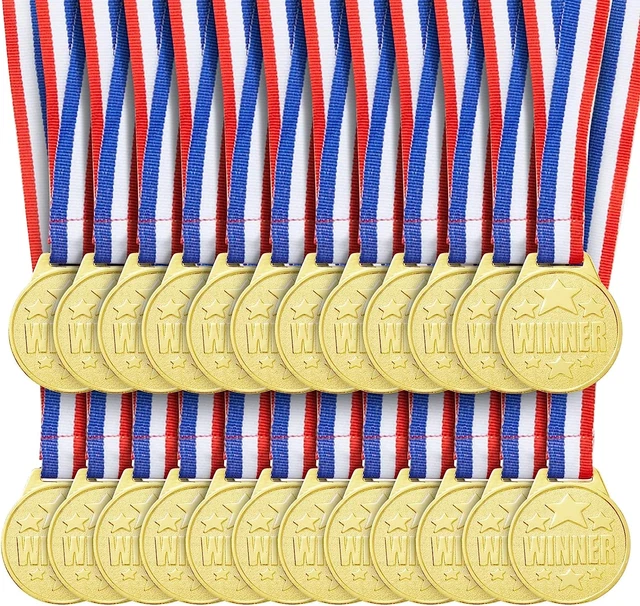 24 Pack Gold 1.5 Inch Winner Medals for All Ages, Participation Awards with 15.3