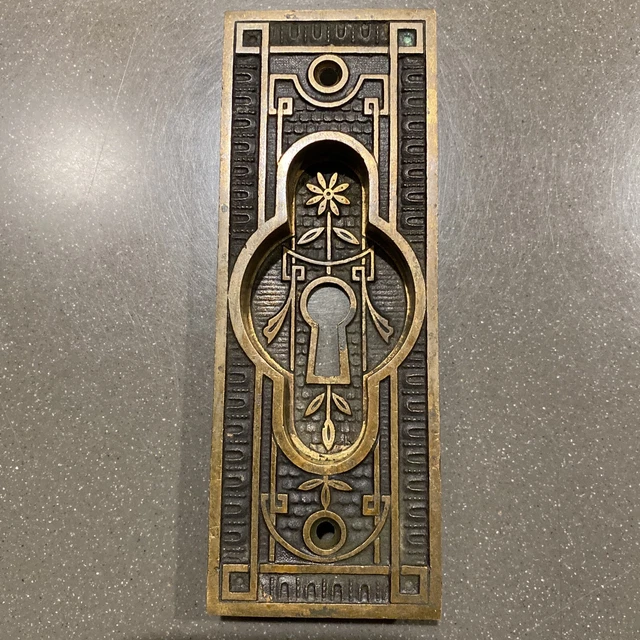 Antique Brass Ornate Victorian Pocket Door Plate Pull Skeleton Keyhole