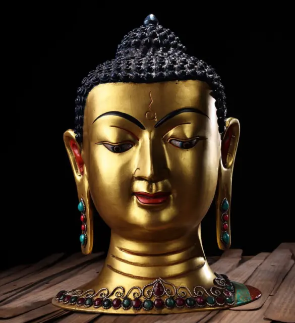 13'' Nepal Buddhist handmade bronze gold Turquoise gem Sakyamuni buddha head