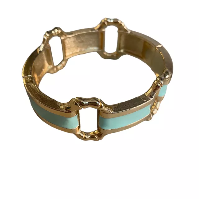 Fornash Bracelet Aqua Enamel on Gold Tone Metal Spring Hinge Close Bangle