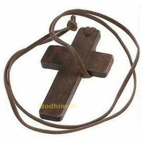 Leather Brown Wooden Cross Pendant String Rope Necklace