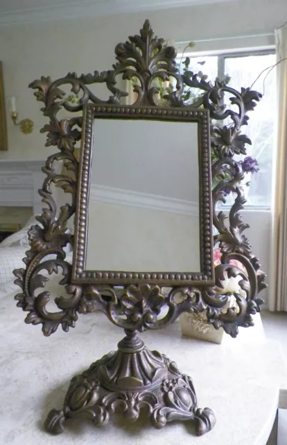 Vintage Antique Ornate Vanity Table Dresser Mirror Heavy Iron Art Brass Tone 17"