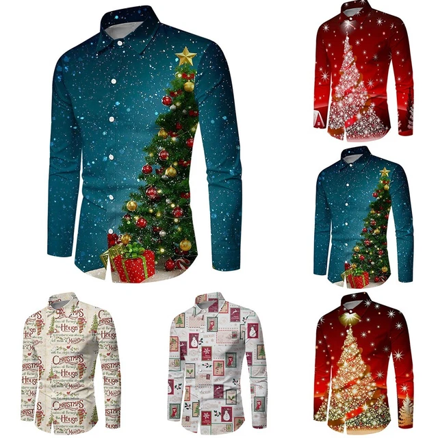 Camicia da uomo abbottonata festa di Natale casual manica lunga abito a T top