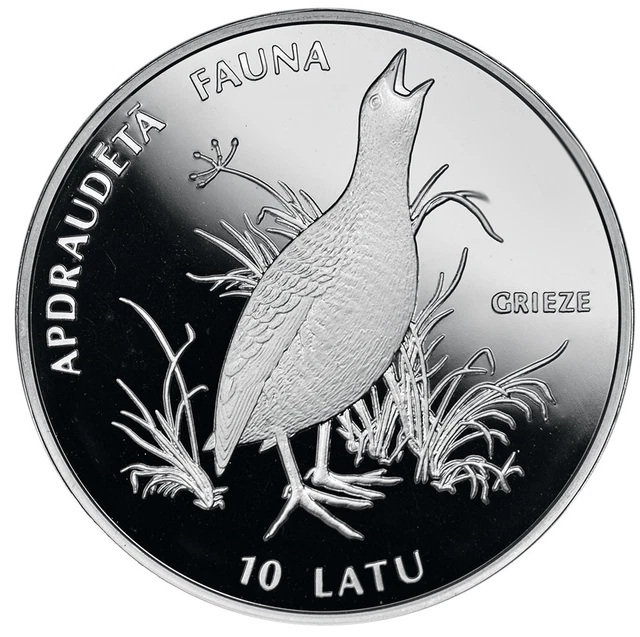 LATVIA 10 Latu 1996 Silver Proof 'Endangered Wildlife - Corncrake Bird'