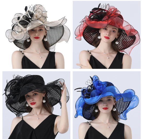Womens Organza Kentucky Derby Hat Wide Brim Church Dress Fedoras Hats Fascinator