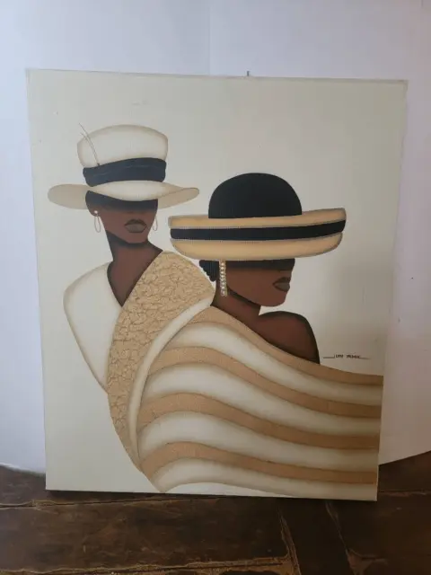 Original June Marie Multicolor Two African Woman Oil Canvas Painting 20"x 17"