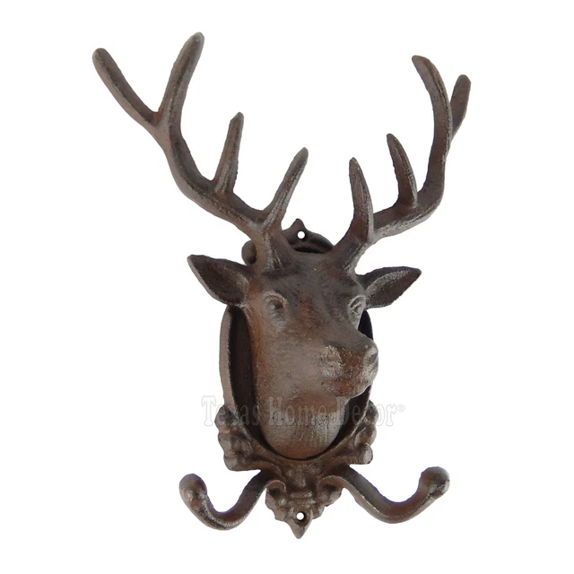 LARGE DEER ANTLER Double Wall Hook Coat Rack Hanger Rustic Cast Iron ...