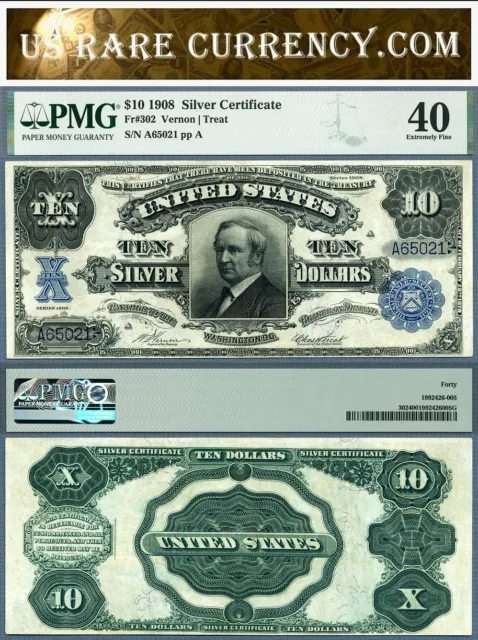 1908 $10 Silver Certificate Tombstone Note FR-302 PMG Graded Extremely Fine 40