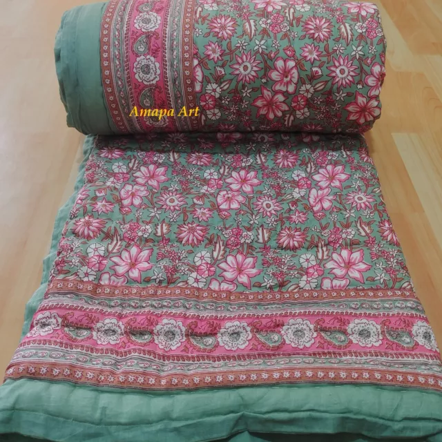 Indian Quilt Hand Block Print Blanket Cotton Hand Made Green Pink Jaipuri Rajai