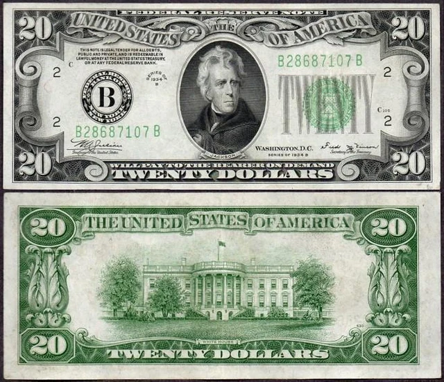 $20 1934B CRISP *LIGHT GREEN SEAL* AU+ NEW YORK Federal Reserve Note!