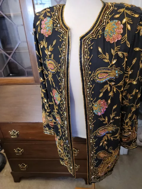 EUC Judith Ann sz S black gold sequin beaded embroidered blazer coat jacket