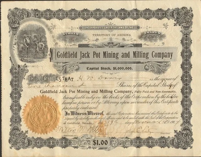 GOLDFIELD JACK POT MINING & MILLING CO    1904 stock certificate
