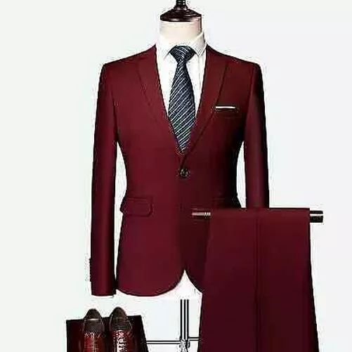 Elegante Traje Vestido Hombre Completo Rojo Oscuro Chaqueta Pantalones Slim 1036