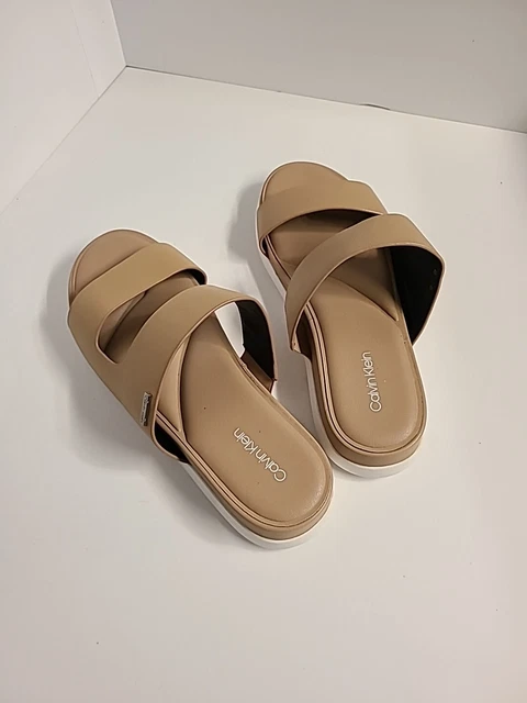 NEW CALVIN KLEIN Strap Fur Slides Slide Sandals Rare Tan Beige