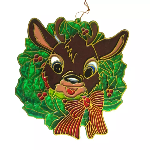 VTG Christmas Suncatcher Wreath Reindeer Bow Plastic Stained Glass