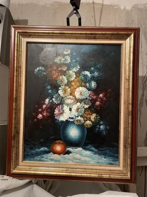TABLEAU HUILE SUR toile, Bouquet de fleurs Sur entablement EUR 85,00 ...