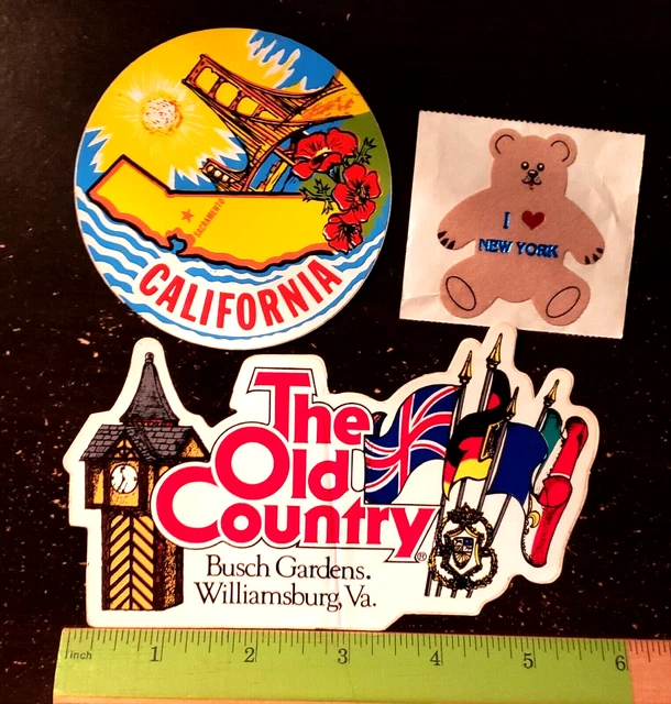 VINTAGE 3 STATES STICKER LOT CALIFORNIA NEW YORK 80s FUZZY BEAR AMUSEMENT PARK