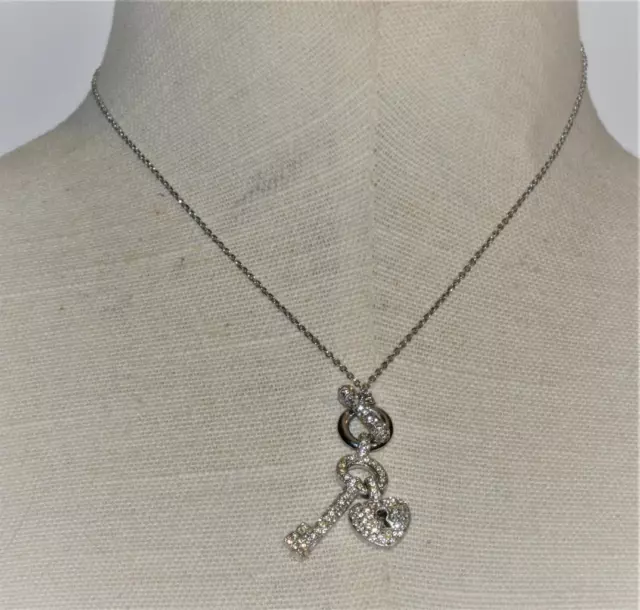 TASHA Silvertone Clear Swarovski Crystals HEART Shape LOCK w KEY Pendant Chain