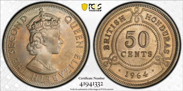 British Honduras 50 Cents Unc Coin 1964 Year Km#28 Pcgs Grading Ms65 Top Pop 🥇