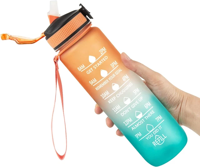 Bottiglia d'acqua sportiva motivazionale Fazzng 1 litro, segni temporali e con cannucce e
