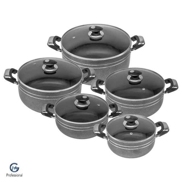 5PCs Non-Stick Aluminium Wok Cooking Pot Induction Base Cookware With Glass Lid