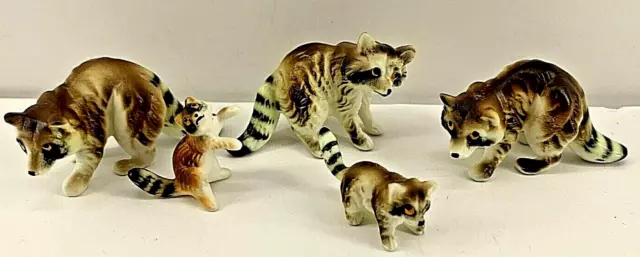 Vintage Bone China Raccoon Miniature Figurines Family Set of 5