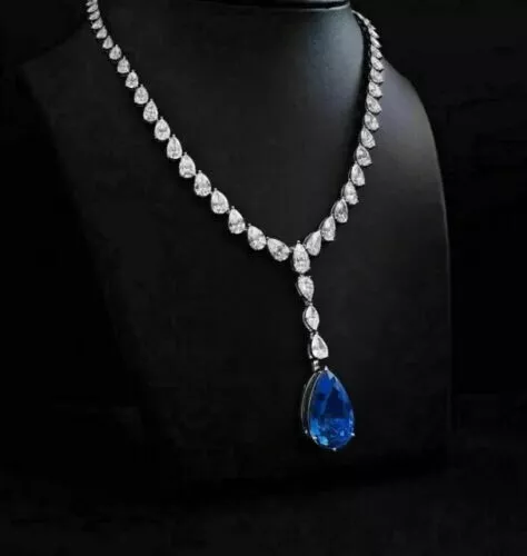 23 Ct Pear Cut Lab-Created Sapphire Tennis Necklace 14k White Gold Plated