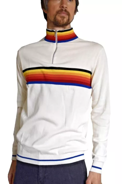 Mens Retro Cycling Jumper White vtg 60s 70s 80s indie Hippie Mod Striped Jersey