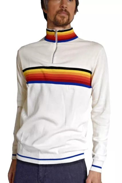 Rétro Hommes Cyclisme Pull Blanc Vintage 60s 70s 80s indie Hippie mod Rayé