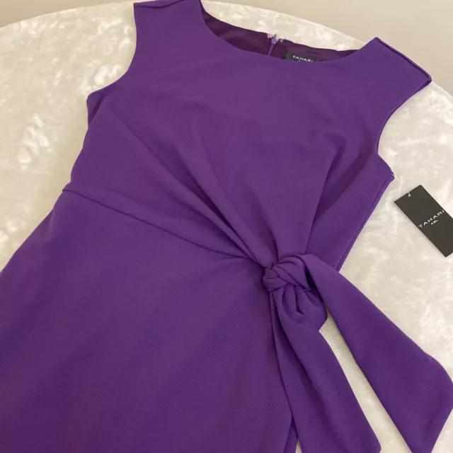 Tahari Womens Purple Stretch Cap Sleeve Round Neck Side Tie Sheath Dress Size 4 3