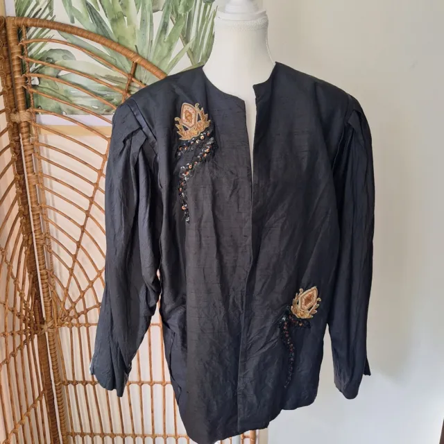 Vintage Beaded Sequin Handmade Silk Jacket DESIGN BY BEZZ 80s Retro Vtg Unique