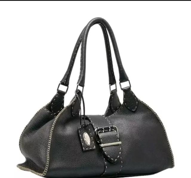💐Authentic FENDI SELLERIA hand bag black leather Mother's Day ❤️