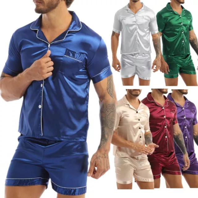 Mens Short PJ Set Silky Satin Top and Shorts Soft Lounge Set Sleepwear Nightwear